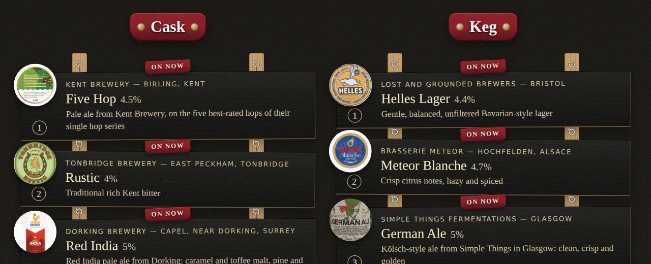 The cask board on the home page, with drinks marked On now
