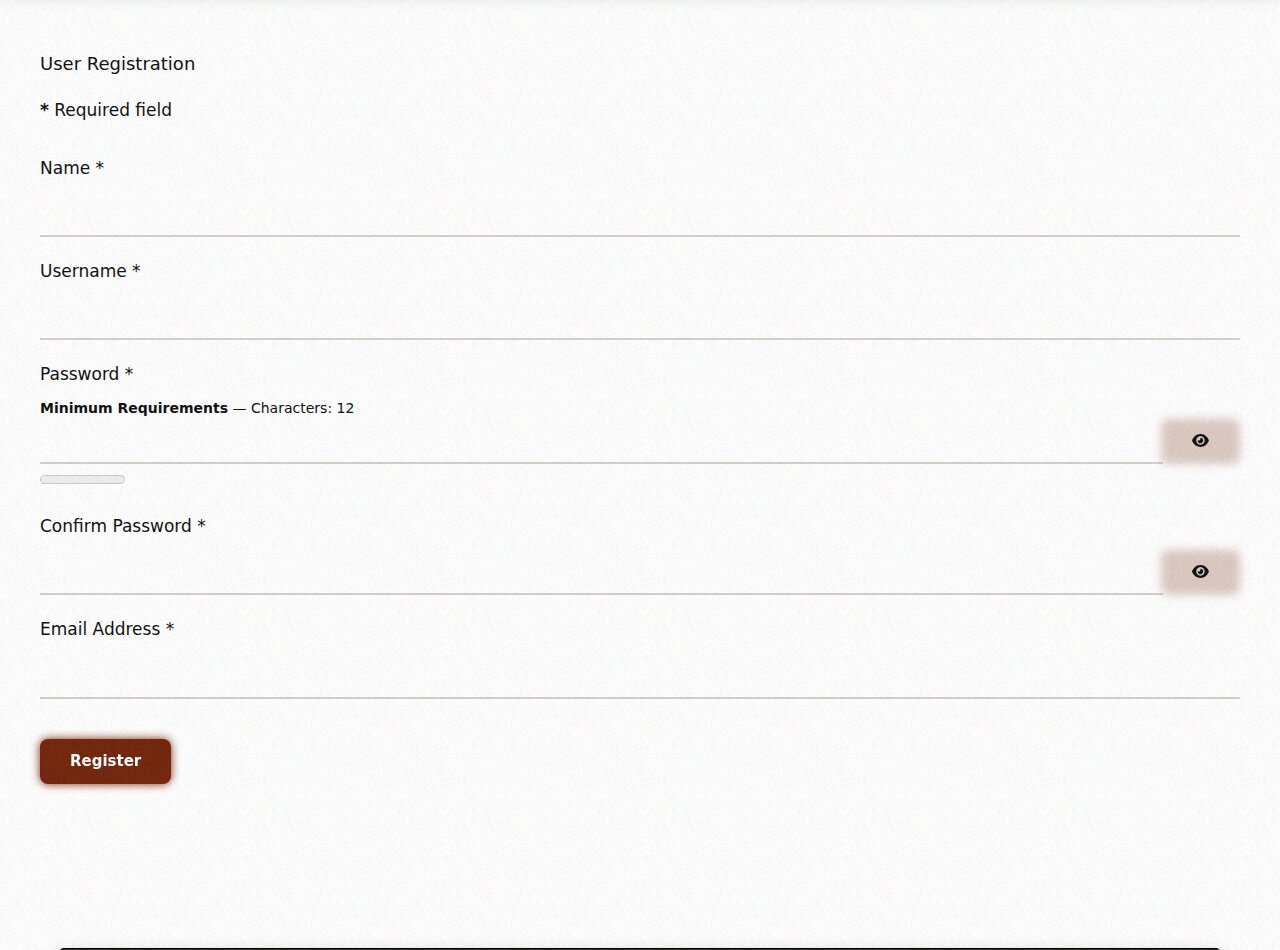 The registration form with Name, Username, Password, Confirm Password and Email Address